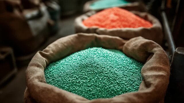 Close up of a sack bag filled with fertilizer granules, showing agricultural nutrients used for farming, crop growth, and soil enrichment in the fertilizer industry.