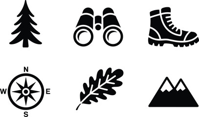 Outdoor adventure icon set featuring black silhouettes of hiking boots binoculars compass mountain pine tree and oak leaf symbols. (20 words) © NR