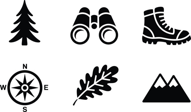 Outdoor adventure icon set featuring black silhouettes of hiking boots binoculars compass mountain pine tree and oak leaf symbols. (20 words)