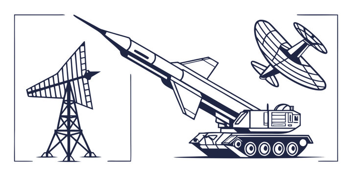 a tank launching a missile with a plane and radar tower Vector