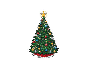 Naklejka premium Beautifully Decorated Christmas Tree with Star Topper, Ornaments, and Lights, Perfect for Holiday Season Celebrations and Festive Greetings