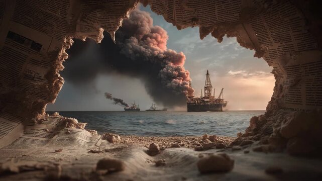 View through torn newspaper revealing an offshore oil rig explosion with thick black smoke rising into the sky, symbolizing energy crisis, war damage, and dramatic industrial disaster.