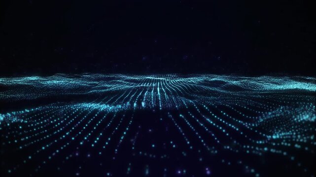 Abstract Digital Particles Waving Horizon Background - Futuristic Cyberspace Data Flow Visualization Loop