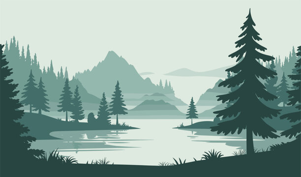 Pine Forest Lake Landscape - Monochromatic Layered Vector