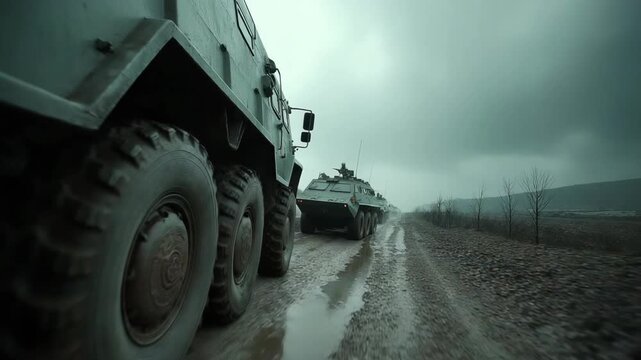 Armored vehicle driving across desert terrain toward a warzone with dust rising into the sky. Military operation scene symbolizing battlefield movement, conflict, and tactical deployment.