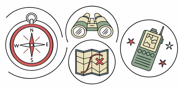 a set of navigation icons including a compass, a map with a red pin, a green walkie talkie, and an all terrain vehicle Vector