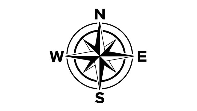 A black compass rose on a transparent background for navigation purposes