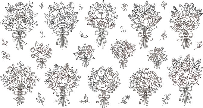 Vector set of black line art floral bouquets and rose arrangements with intricate botanical details for wedding stationery coloring pages and minimalist decorative design.