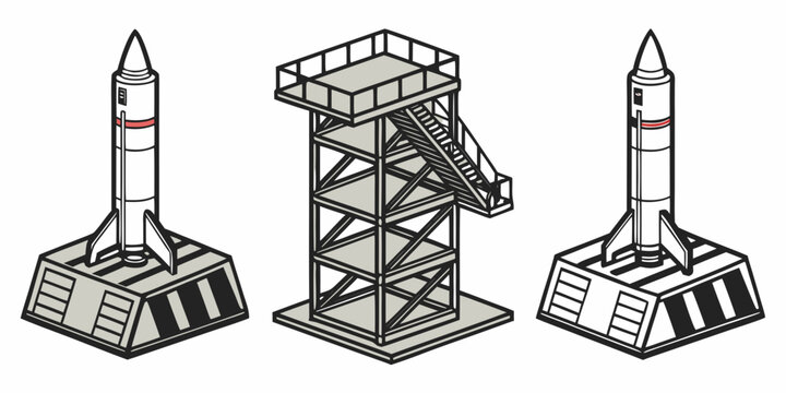 three rocket launchers on launch pads Vector