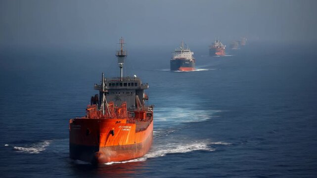 Large cargo ship traveling along a narrow strait carrying stacked containers, global trade and maritime transport concept with calm sea and strategic shipping route.