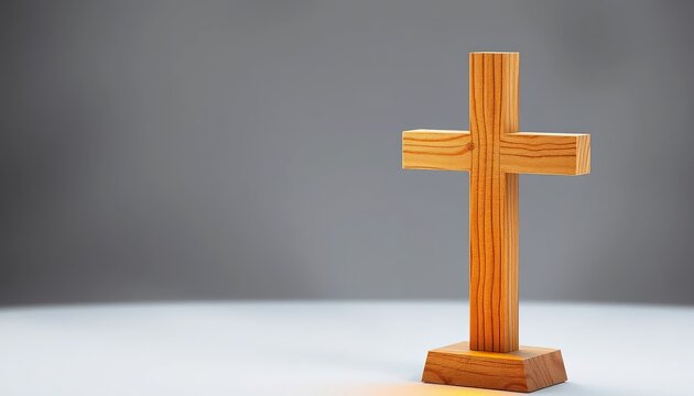 A wooden cross standing alone on a plain surface with a subtle background