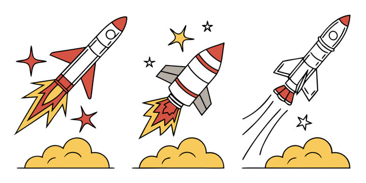 three rockets launching into the sky with clouds and stars Vector