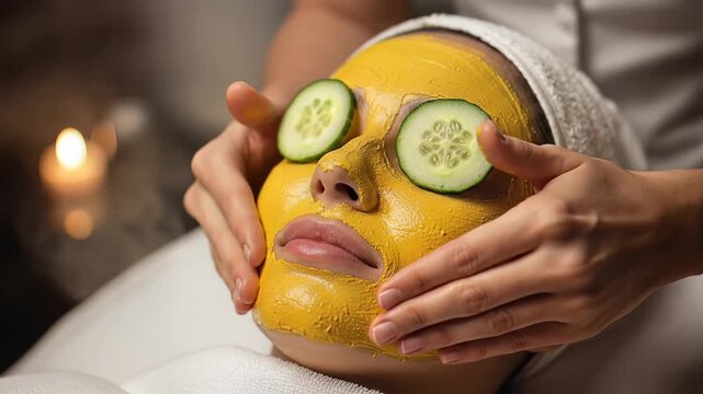 spa facial mask with cucumber eyes in relaxing beauty treatment