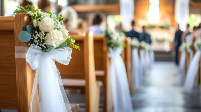 Elegant church aisle decorated with white roses and tulle for a wedding ceremony