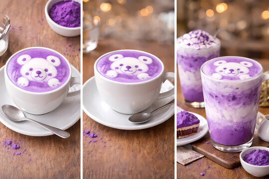 Ube Latte with cute bear latte art in ceramic cup