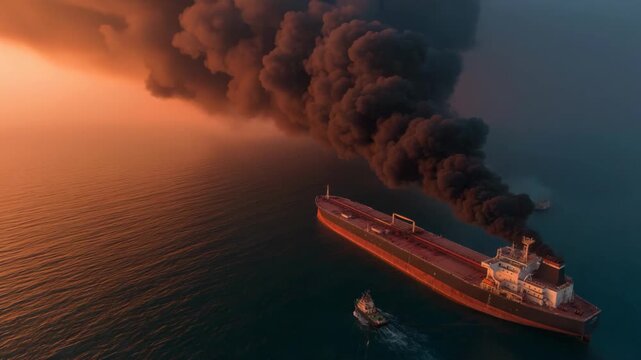 Burning oil tanker in the ocean with thick black smoke and flames after wartime attack. Dramatic scene symbolizing war damage, environmental disaster, oil spill risk, and global energy crisis.