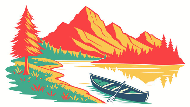 a small boat floats on a serene lake Vector