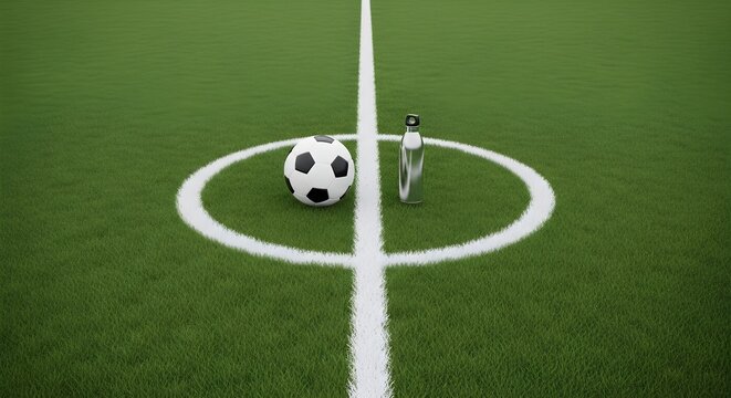 Soccer field with ball and goalpost, green grass background