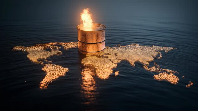 Burning oil barrel floating on ocean with glowing world map beneath. Concept of global oil crisis, energy conflict, environmental pollution, and rising fuel instability.