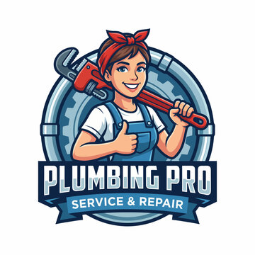A cheerful logo featuring a friendly plumber character with tools, representing reliability and professionalism in plumbing services, ideal for service-oriented businesses.