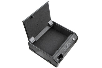 Open black biometric pistol safe with protective foam lining isolated on a white back