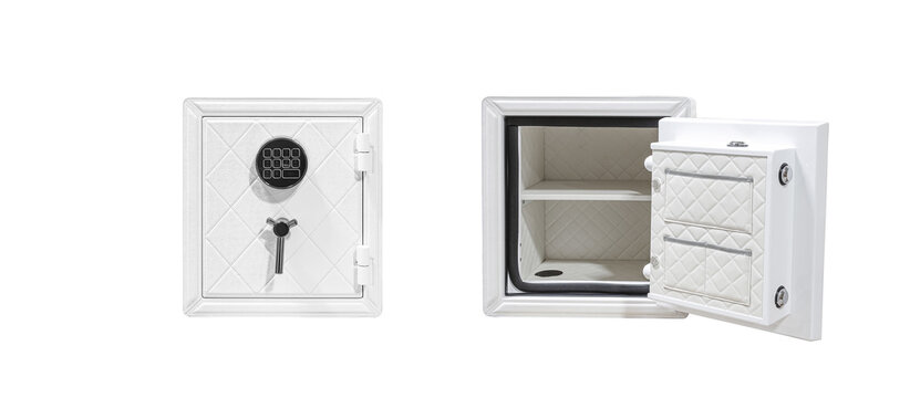 Open and closed luxury white leather-textured safes with digital locks, isolated on white back