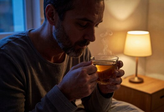 A man sits serenely on his bed in the warm glow of an evening, eyes closed and cradling a steaming cup of tea in both hands.