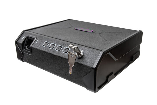 Black biometric safe with a keypad and backup keys, isolated on a clean white back