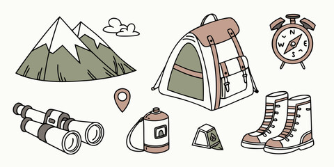 a set of camping and hiking icons and accessories Vector © leptop