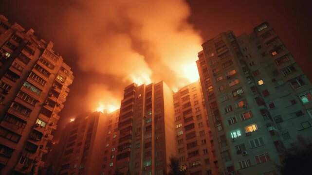 High rise apartment engulfed in intense flames during a severe fire accident. Thick smoke and bright fire illuminate the building, representing urban disaster, emergency response, and dangerous reside