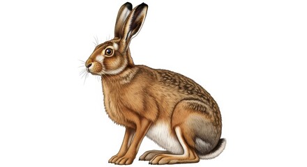 Obraz premium A detailed illustration of a brown hare sitting in profile against a plain white background area