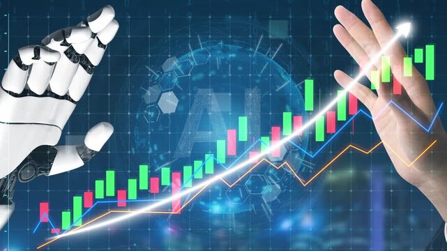 A robotic hand reaches out to connect with a human hand amidst digital financial data, illustrating the blend of human intuition and artificial intelligence in modern finance. Copula