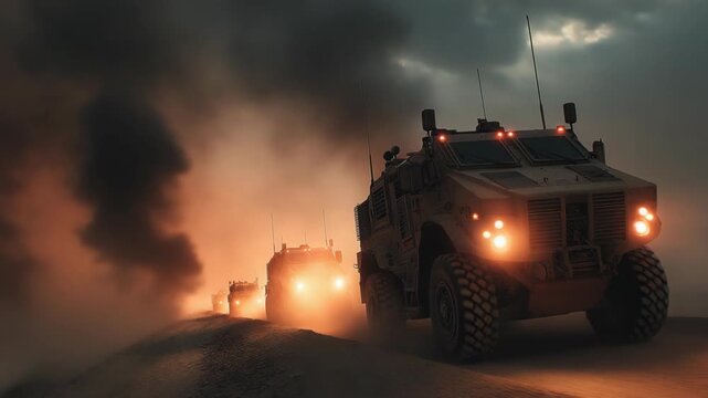 Armored vehicle driving across desert terrain toward a warzone with dust rising into the sky. Military operation scene symbolizing battlefield movement, conflict, and tactical deployment