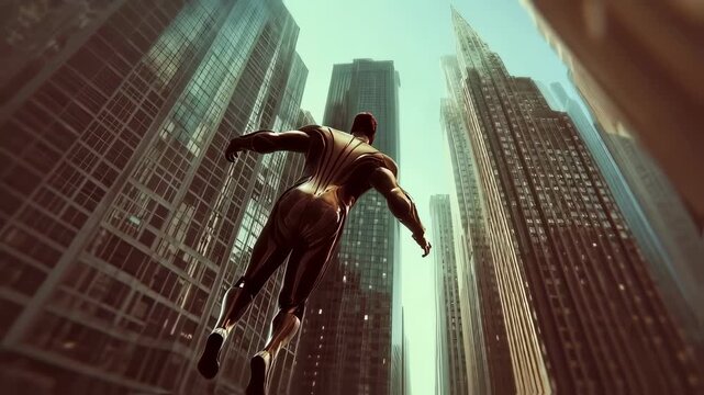 Cinematic superhero in a muscular suit and flowing cape flying high above a glowing city skyline at night, surrounded by skyscrapers and dramatic lights