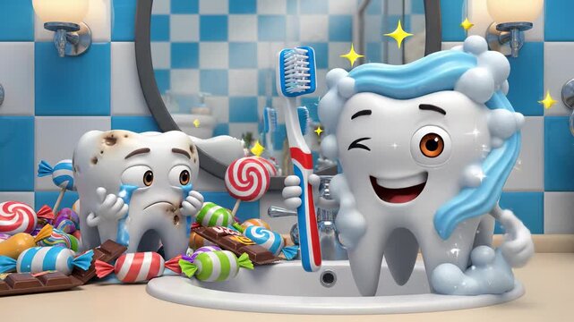 Sad decayed tooth crying among candies next to a healthy winking tooth holding a toothbrush in a blue bathroom, concept of sugar impact and dental hygiene importance
