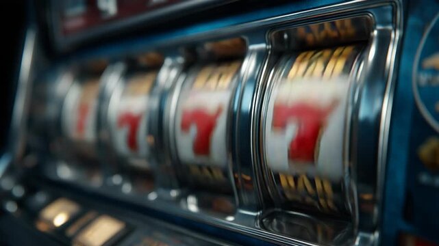 Jackpot numbers spinning on a slot machine reel, capturing the thrilling moment of chance and luck. Bright casino lights highlight the excitement of gambling, risk, and potential big win. 