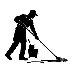 Silhouette of a professional janitor mopping a floor with a bucket for commercial cleaning services and maintenance © Sahabat