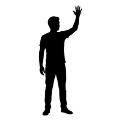 Fototapeta premium Black silhouette of a man standing and waving his hand as a friendly greeting or farewell gesture on a white background