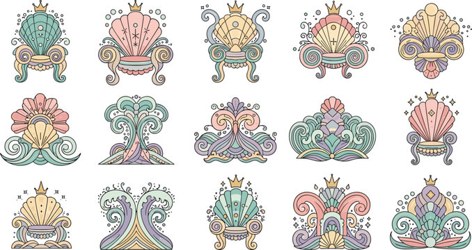 Vector set of mermaid shell thrones and ornate oceanic crowns with pastel colors and baroque swirls for fantasy underwater royalty and marine kingdom concepts.