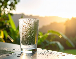 Close-up of a cold glass of water with condensation droplets at sunset © Carlo