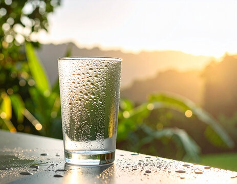 Close-up of a cold glass of water with condensation droplets at sunset
