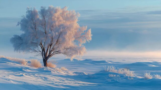 Silent white snow field with a lone frosted tree and cold mist drifting along the ground, peaceful winter landscape capturing freezing atmosphere, stillness, and minimal natural beauty.