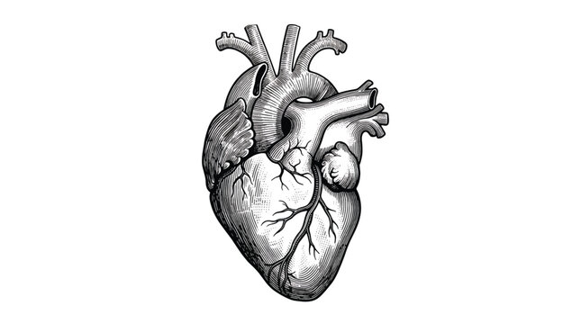 Detailed black and white anatomical illustration of a human heart with major vessels clearly depicted on a plain background.
