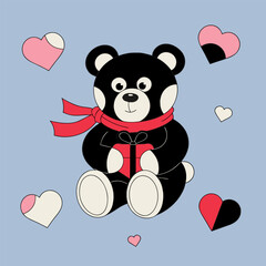 A black teddy bear with a red scarf and hearts