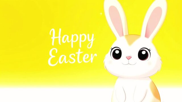 Easter bunny animation with happy easter text on yellow background