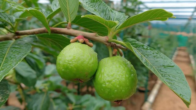 Young green guava fruit growing on a branch inside a greenhouse orchard. Fresh tropical agriculture scene representing organic farming, healthy fruit production, and natural plant growth.