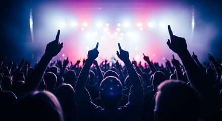 Fototapeta premium Crowd of people raising hands at a vibrant music concert with bright stage lights.