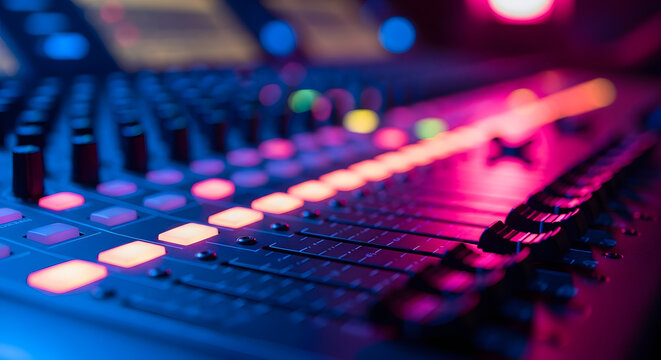 Professional audio mixer with colorful lights, sound engineering equipment for music production and live events.