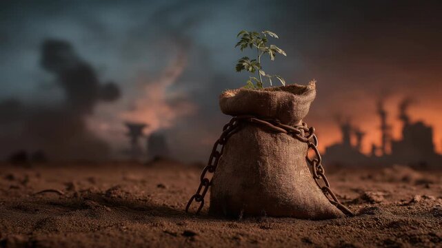 Small green plant growing from a sack of fertilizer granules on dirt ground. Concept symbolizing fertilizer price crisis, agriculture cost pressure, and global food production challenges.