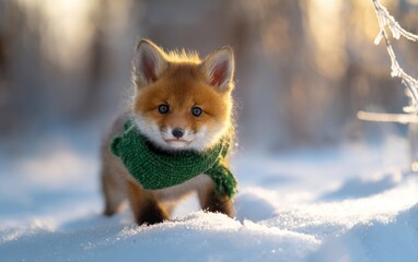 Obraz premium Adorable Baby Fox in Green Knit Scarf Close-Up Photograph in Winter Snow